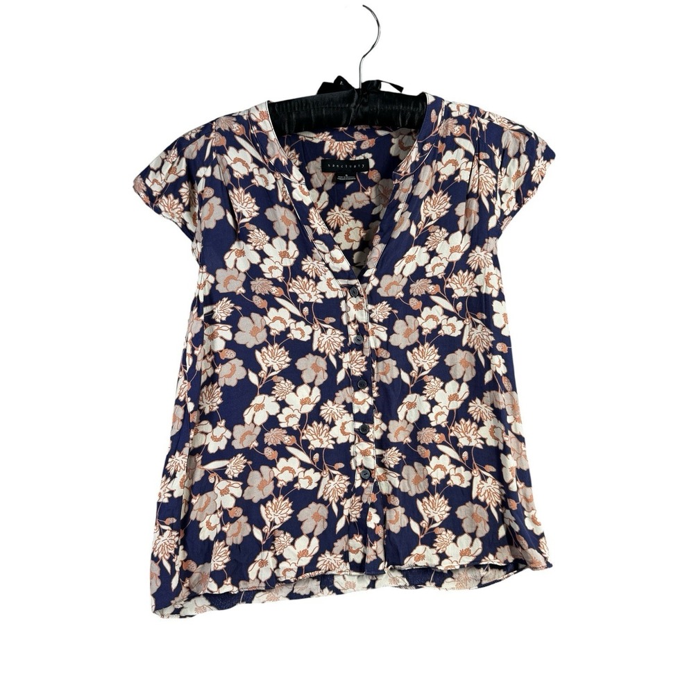 Sanctuary Floral Button Front Blouse Top Womens Small Blue Pink Rayon Boho